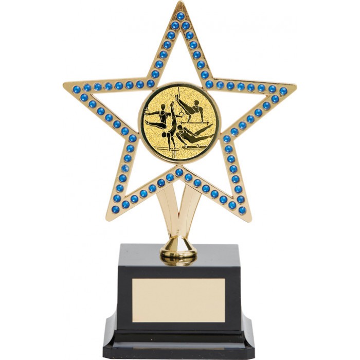  10'' GOLD METAL STAR GYMNASTICS TROPHY WITH BLUE GEMSTONES - CHOICE OF CENTRE 